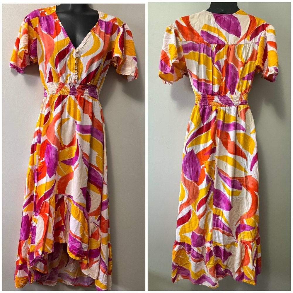 Anthropologie x Abel the Label Asymmetrical Wrap Dress in Orange and Yellow